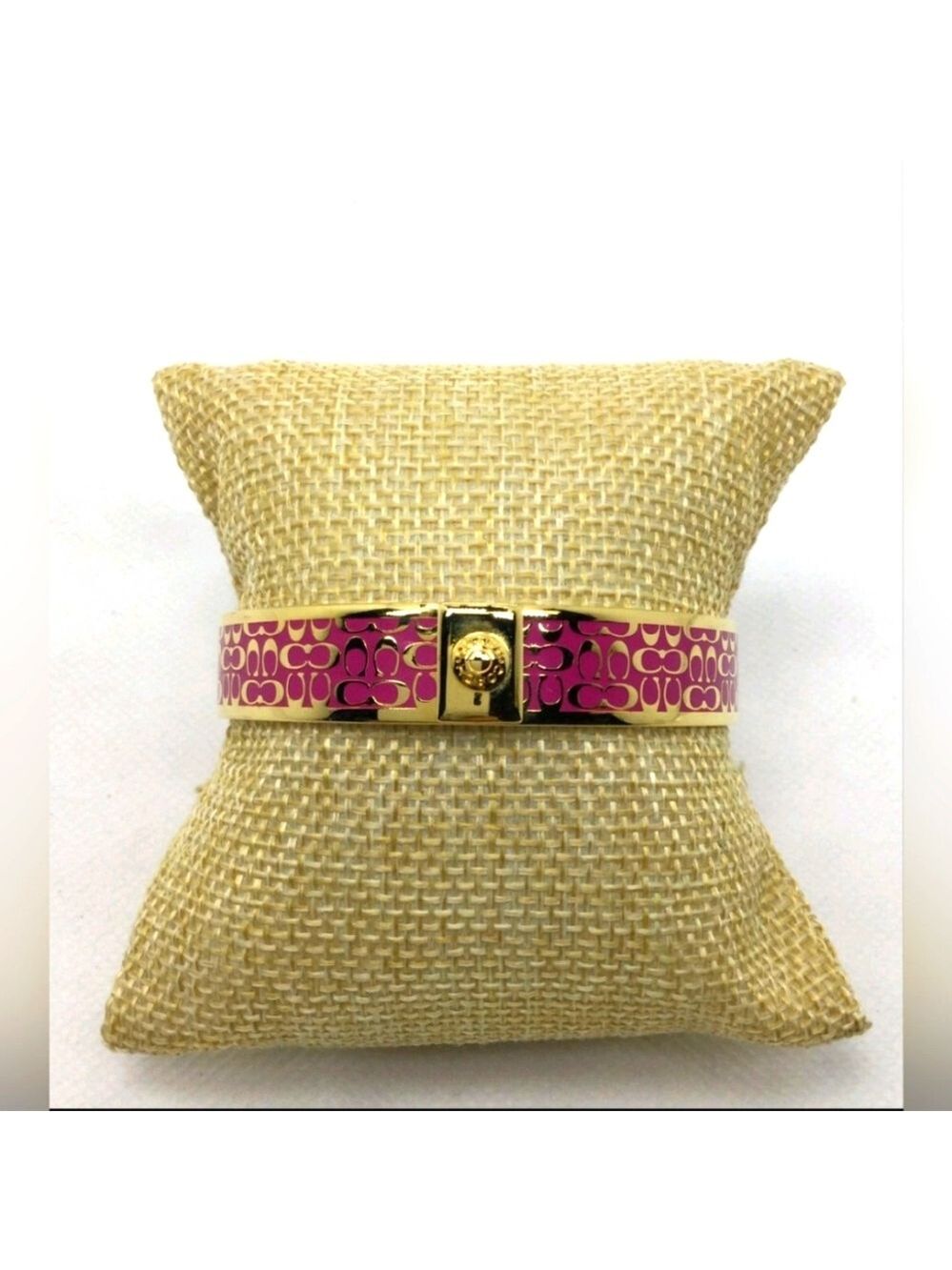 Coach Goldtone Magenta Enamel Logo Bangle Bracelet NWOT